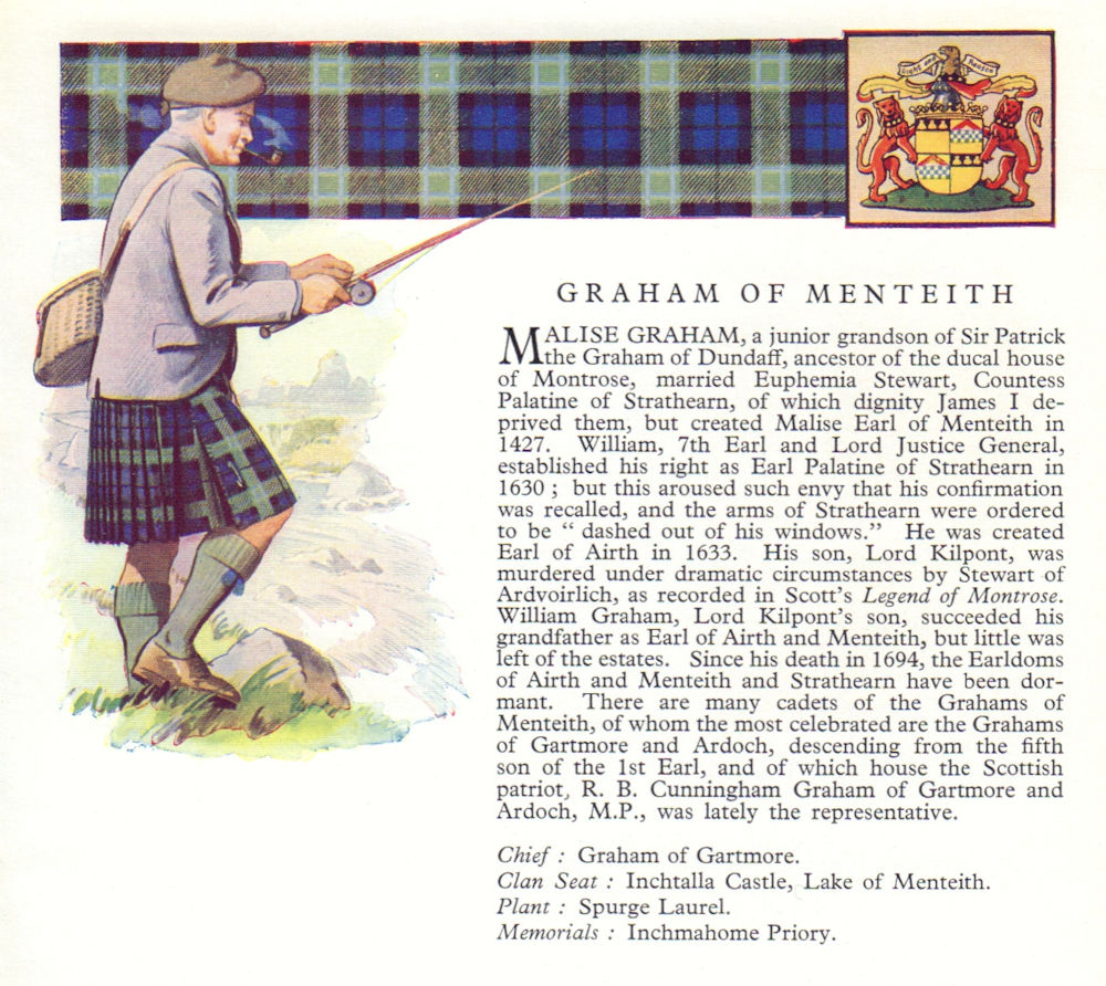 Graham of Menteith. Scotland Scottish clans tartans arms 1963 old print