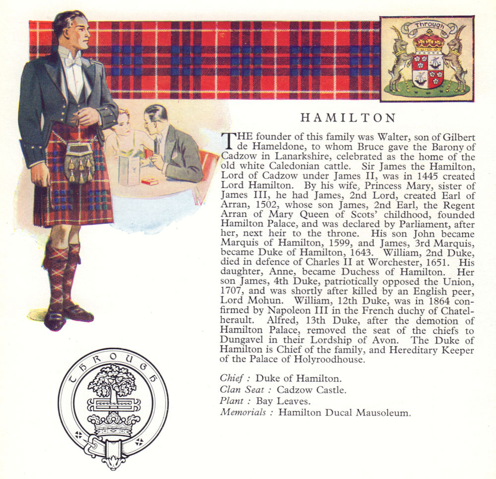 Hamilton. Scotland Scottish clans tartans arms badge 1963 old vintage print