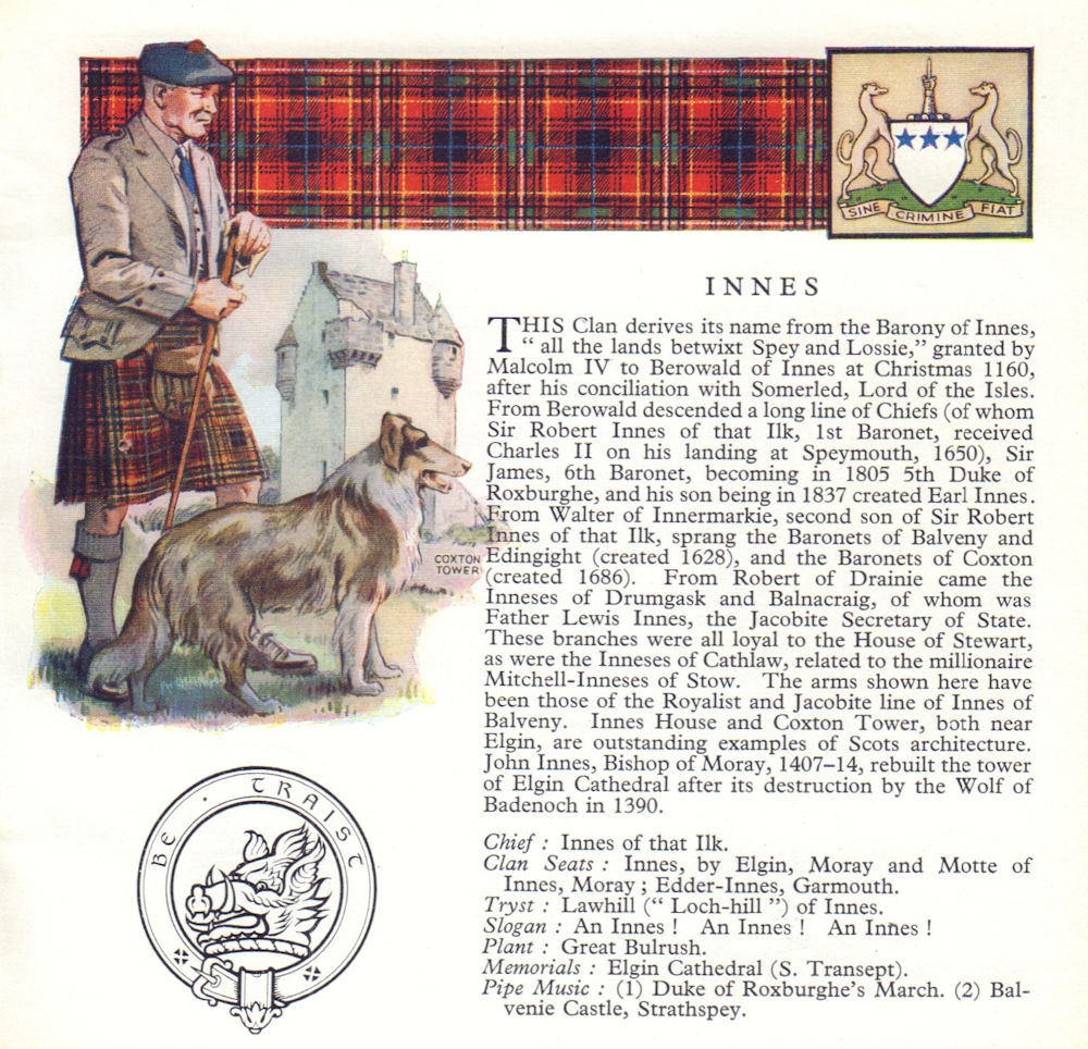 Innes. Scotland Scottish clans tartans arms badge 1963 old vintage print