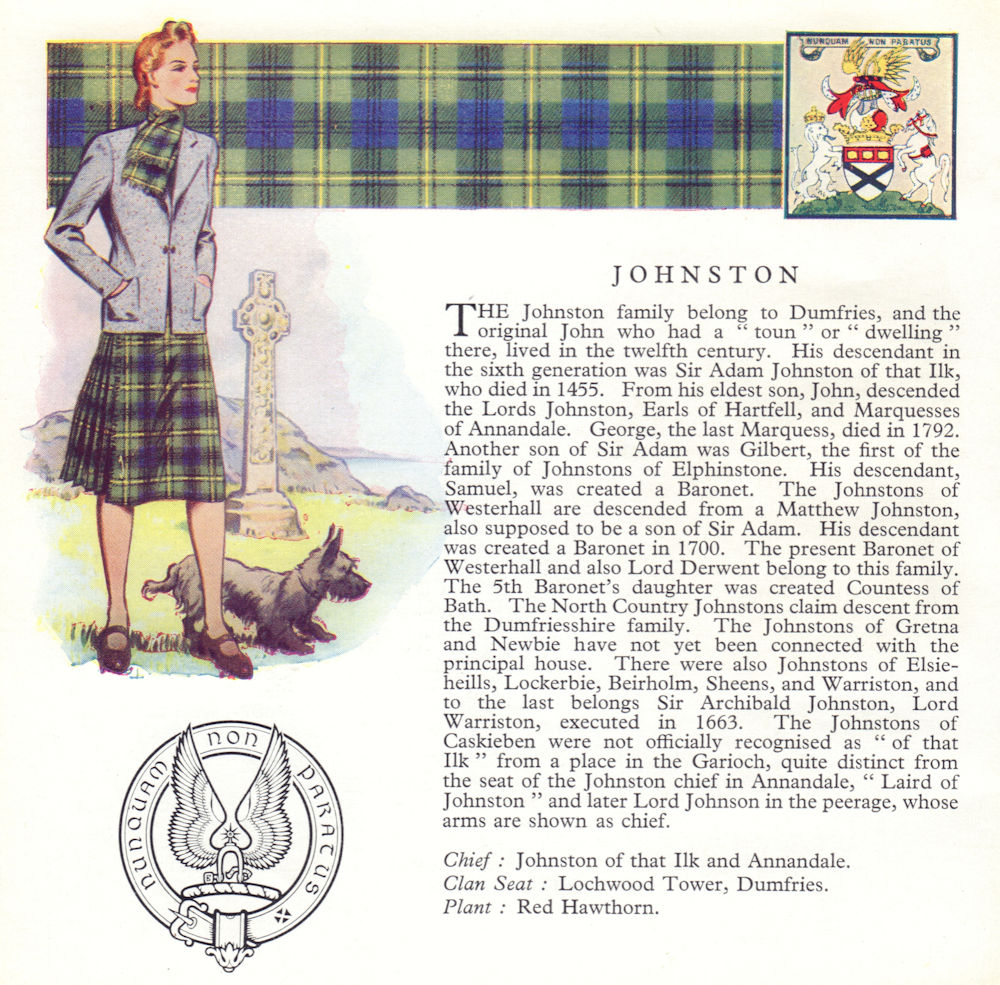 Johnston. Scotland Scottish clans tartans arms badge 1963 old vintage print