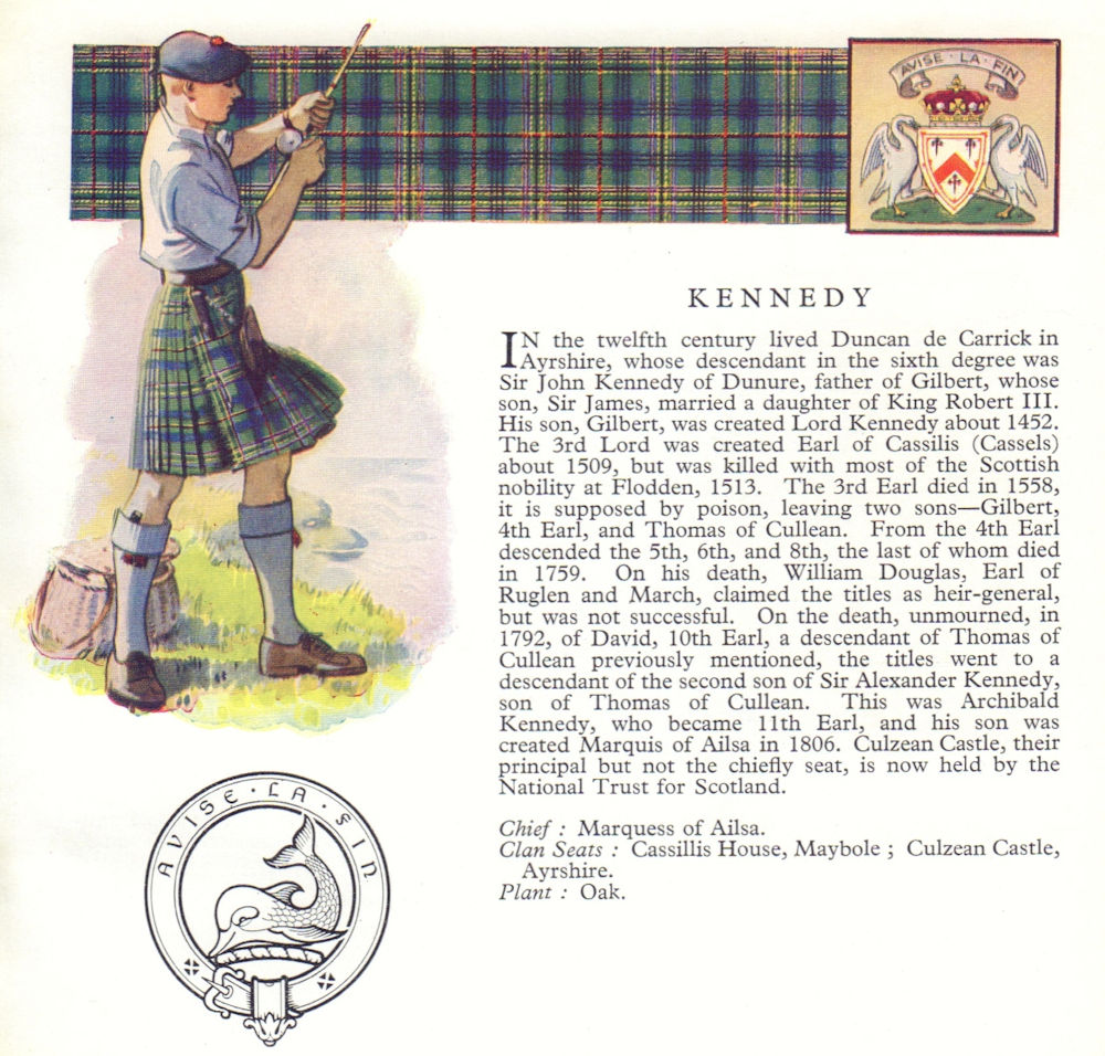 Kennedy. Scotland Scottish clans tartans arms badge 1963 old vintage print