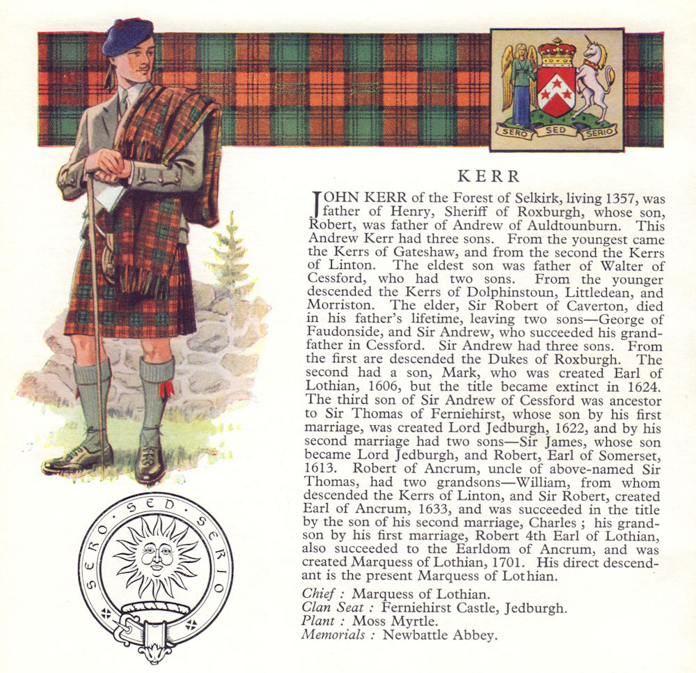 Kerr. Scotland Scottish clans tartans arms badge 1963 old vintage print