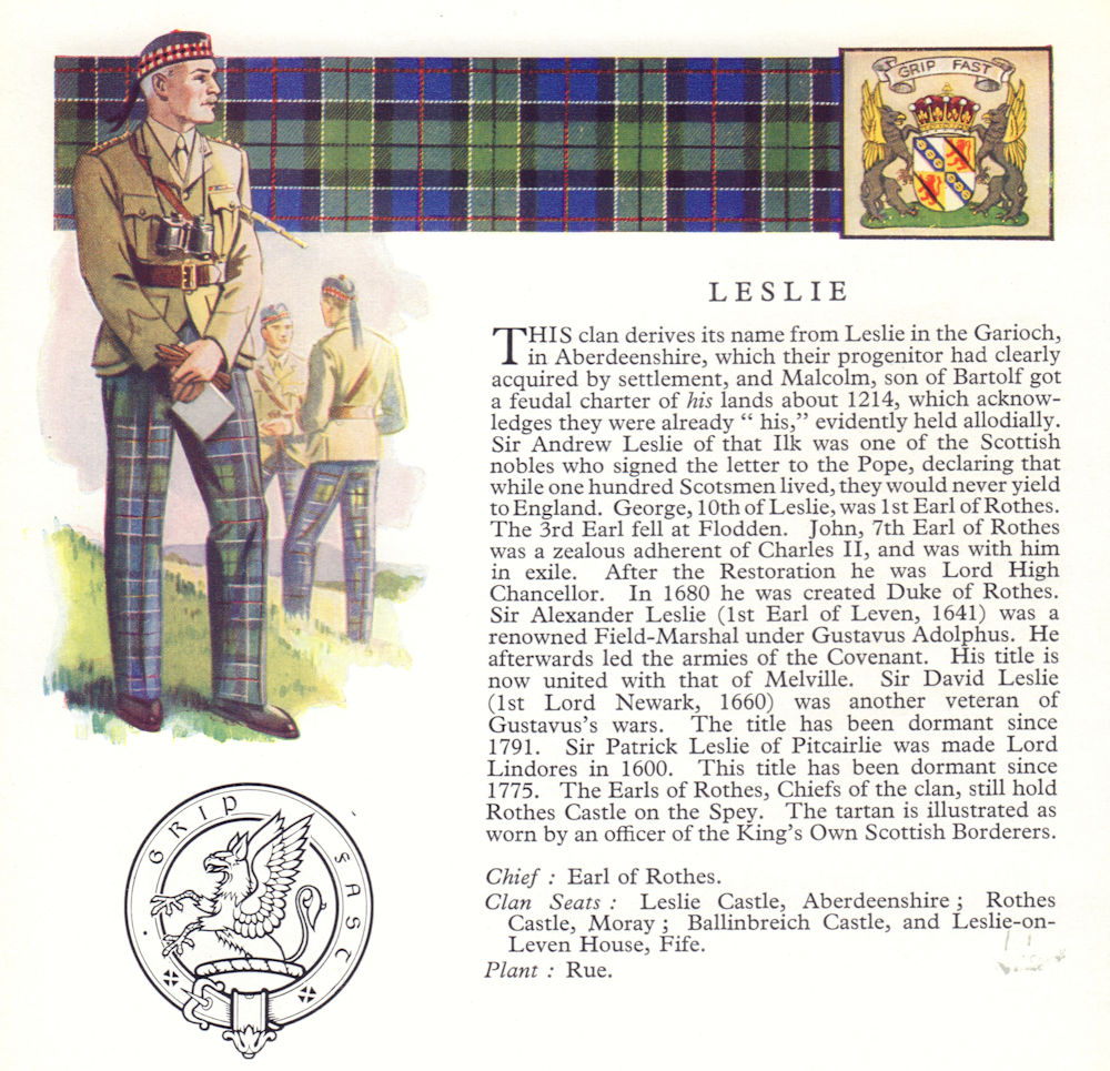 Leslie. Scotland Scottish clans tartans arms badge 1963 old vintage print