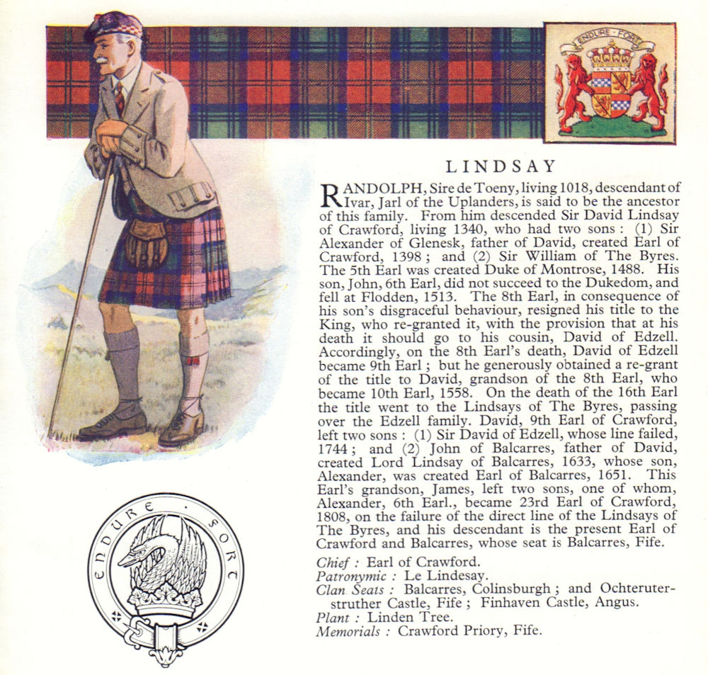 Lindsay. Scotland Scottish clans tartans arms badge 1963 old vintage print