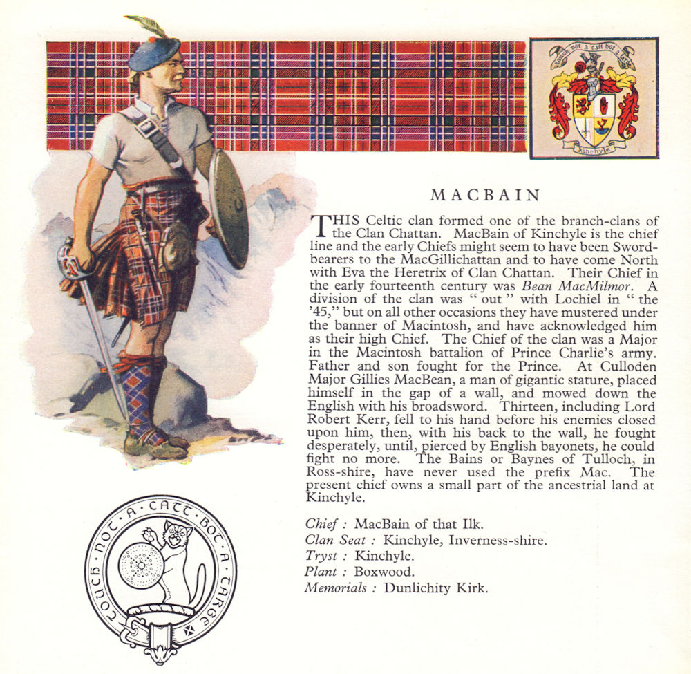 MacBain. Scotland Scottish clans tartans arms badge 1963 old vintage print