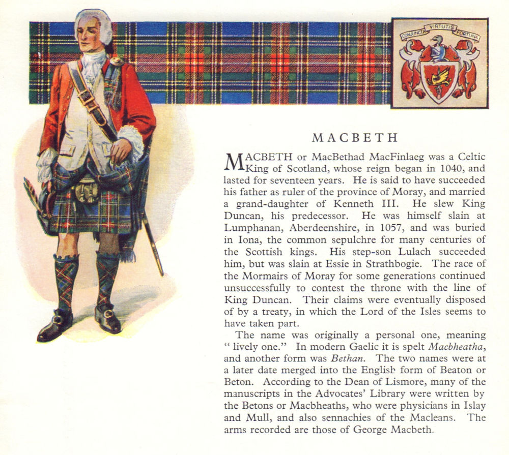 MacBeth. Scotland Scottish clans tartans arms 1963 old vintage print picture