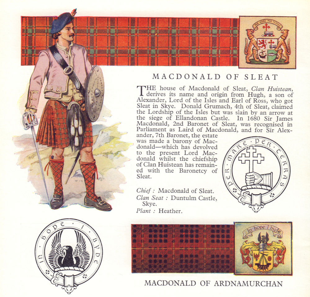 Associate Product MacDonald of Sleat/Ardnamurchan. Scotland Scottish clans tartan arms badge 1963