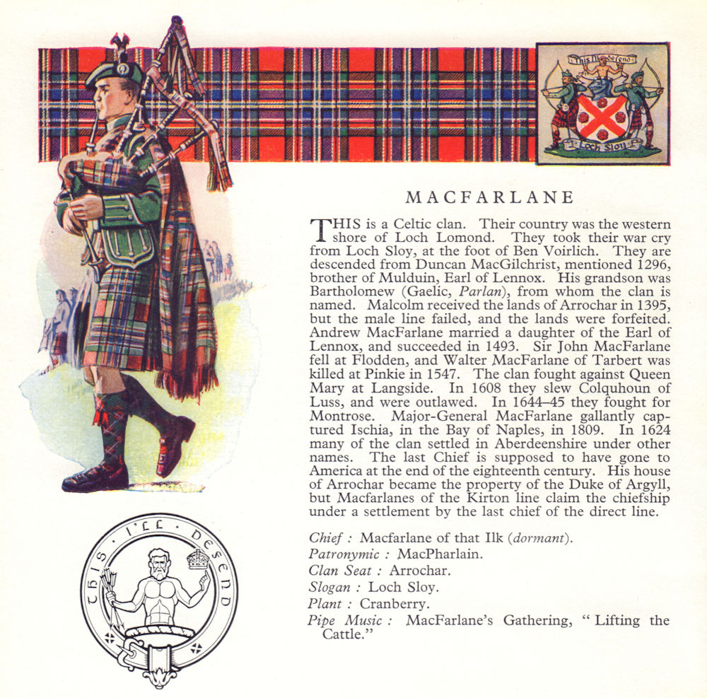 MacFarlane. Scotland Scottish clans tartans arms badge 1963 old vintage print