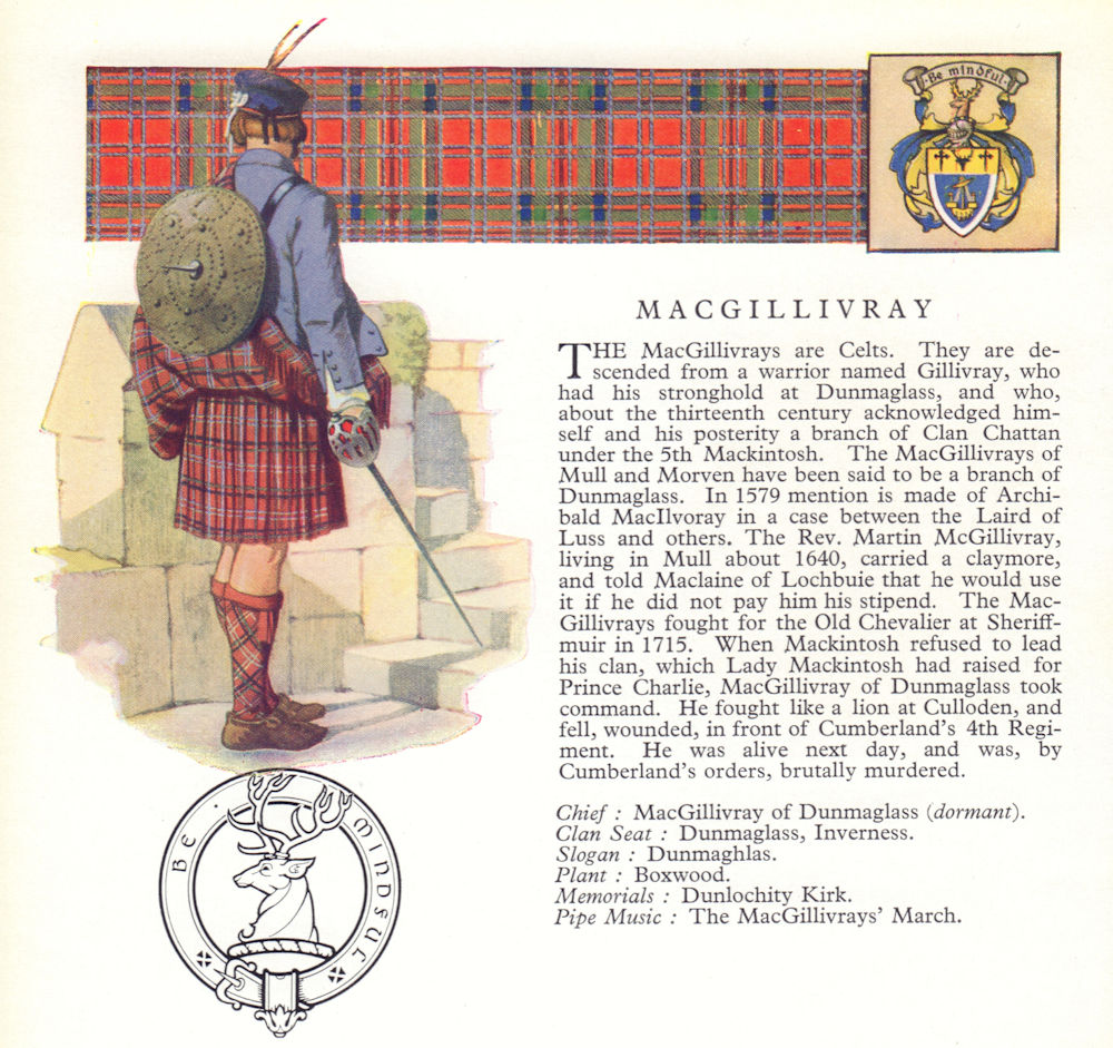 MacGillivray. Scotland Scottish clans tartans arms badge 1963 old print