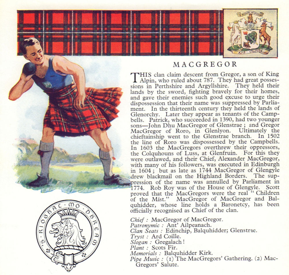 MacGregor. Scotland Scottish clans tartans arms badge 1963 old vintage print