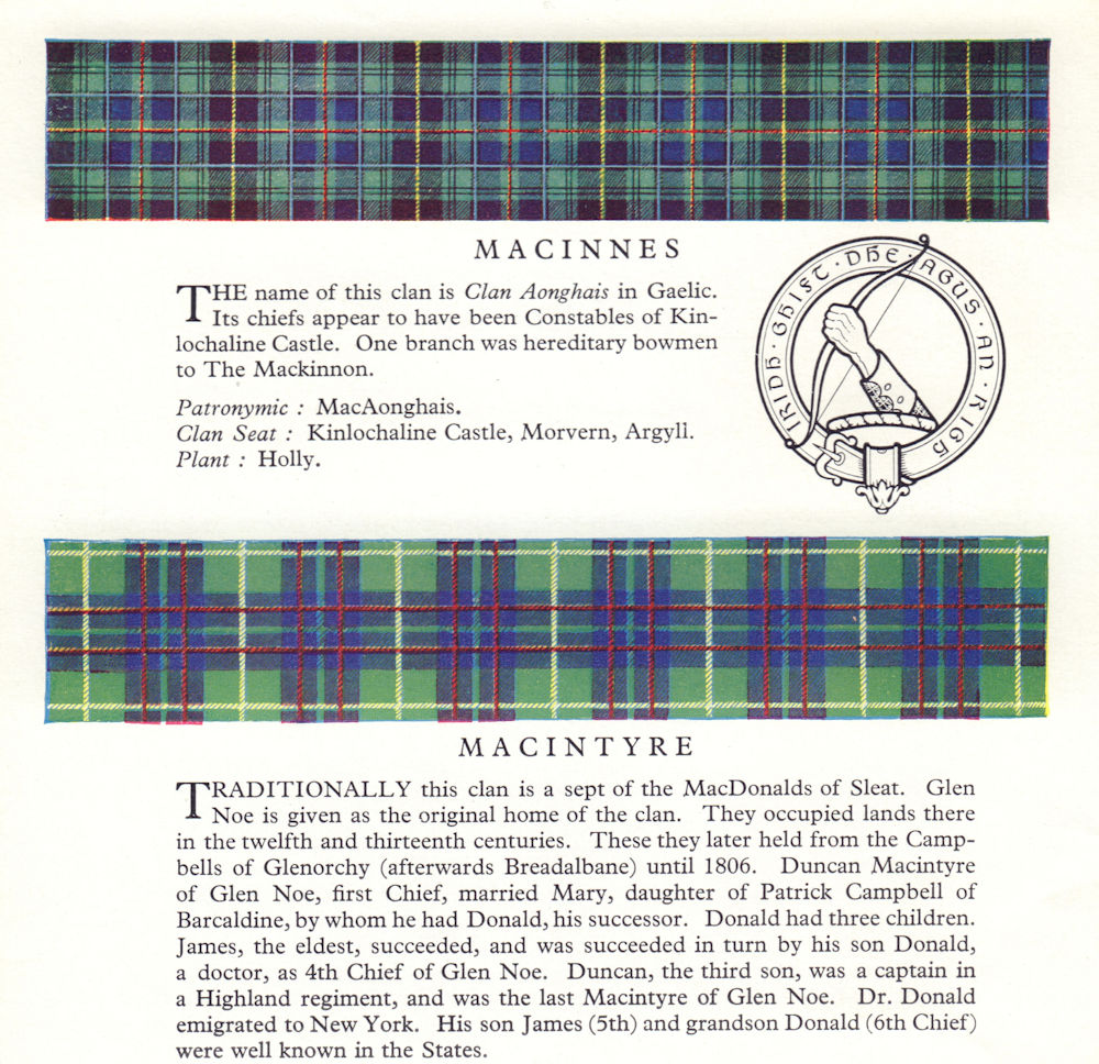 Macinnes, Macintyre. Scotland Scottish clans tartans arms badge 1963 old print