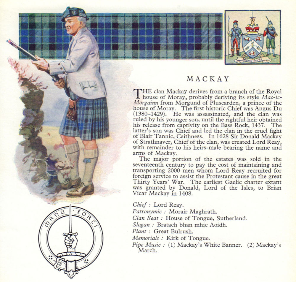 MacKay. Scotland Scottish clans tartans arms badge 1963 old vintage print