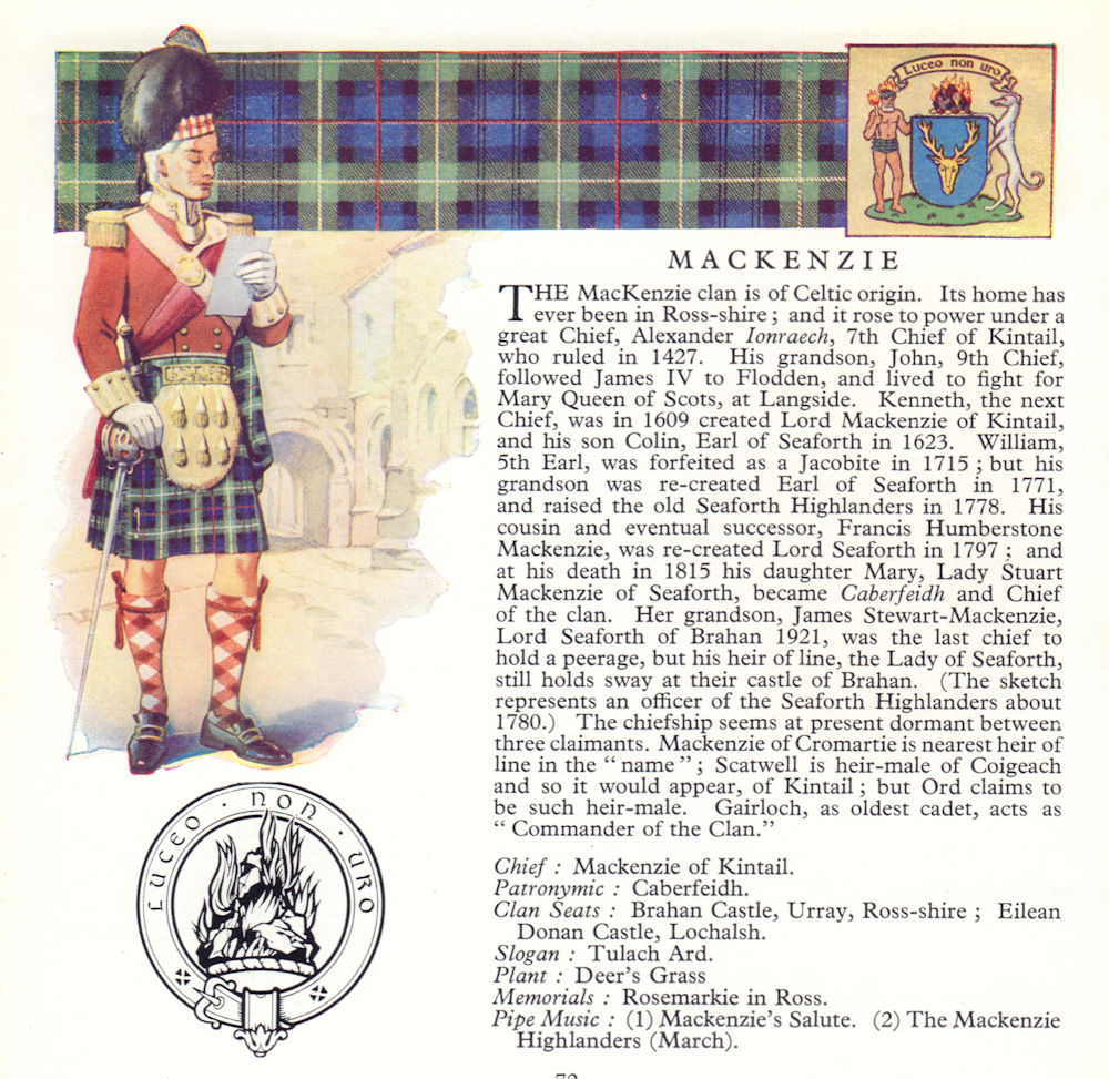 MacKenzie. Scotland Scottish clans tartans arms badge 1963 old vintage print