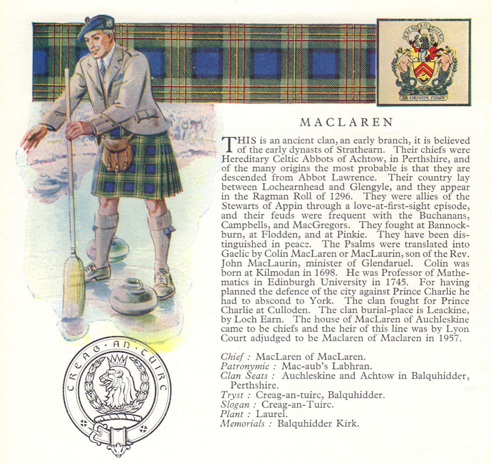 MacLaren. Scotland Scottish clans tartans arms badge 1963 old vintage print