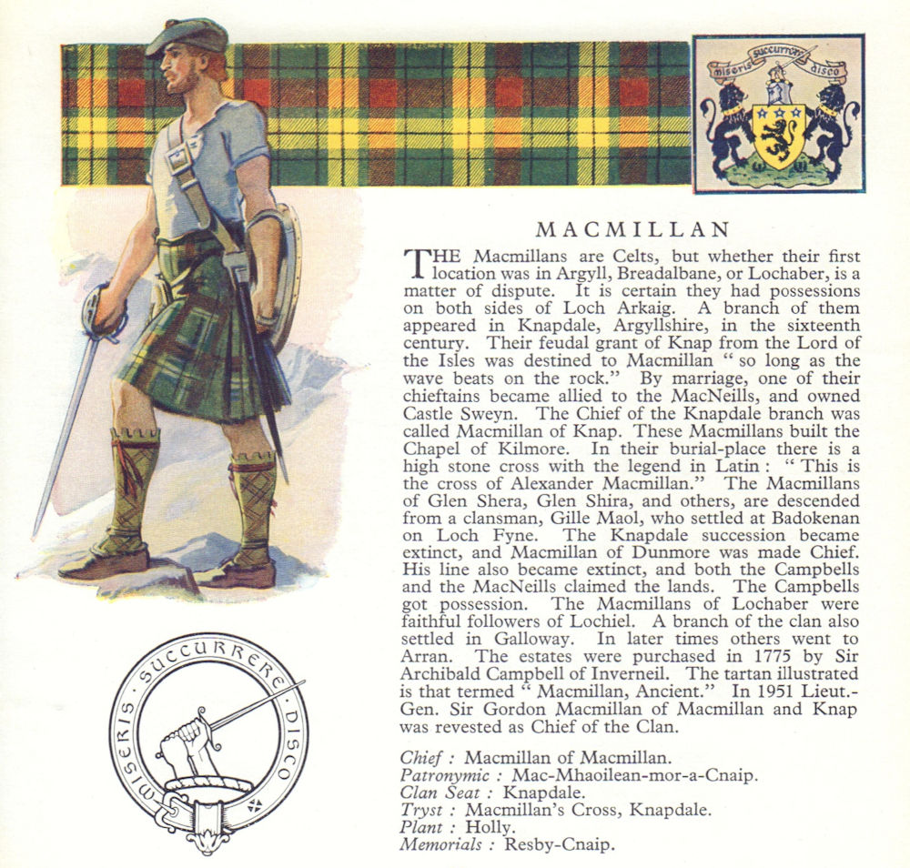 Macmillan. Scotland Scottish clans tartans arms badge 1963 old vintage print