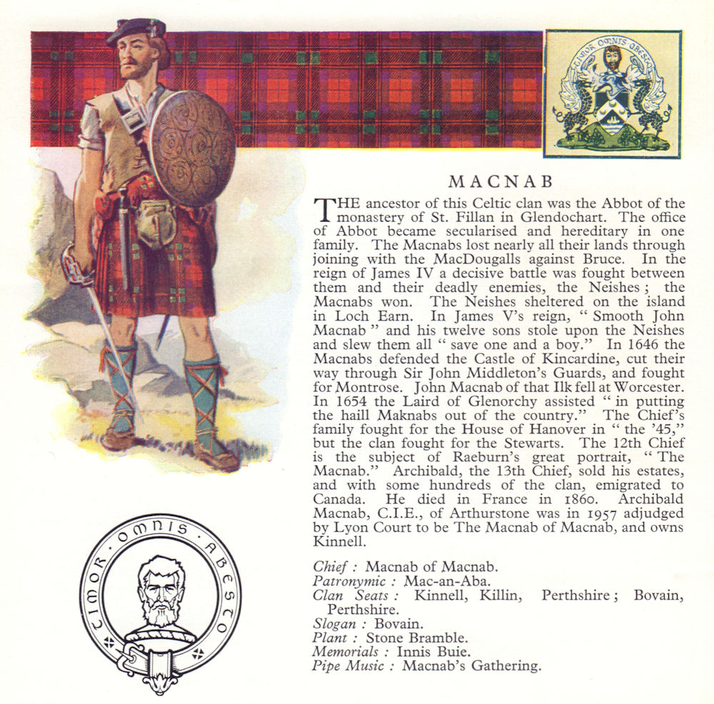 Macnab. Scotland Scottish clans tartans arms badge 1963 old vintage print