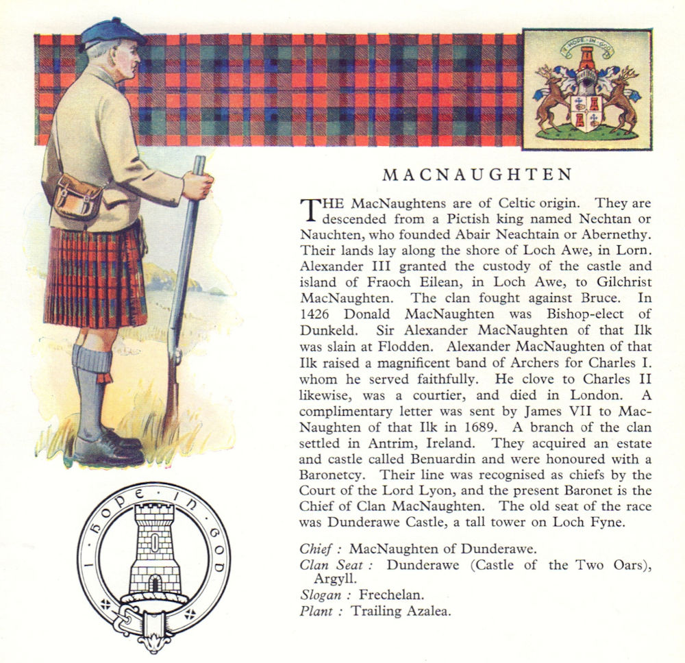 MacNaughten. Scotland Scottish clans tartans arms badge 1963 old vintage print