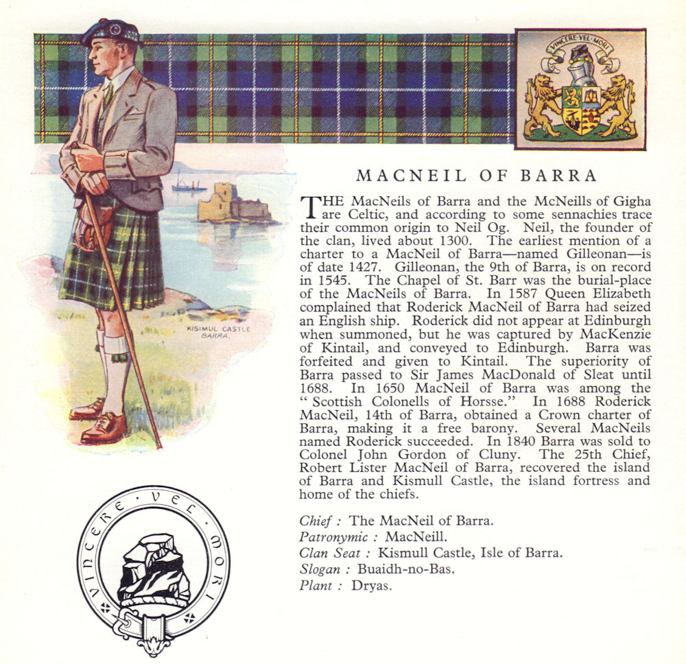 MacNeil of Barra. Scotland Scottish clans tartans arms badge 1963 old print