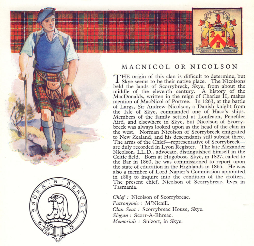 MacNicol or Nicolson. Scotland Scottish clans tartans arms badge 1963 print