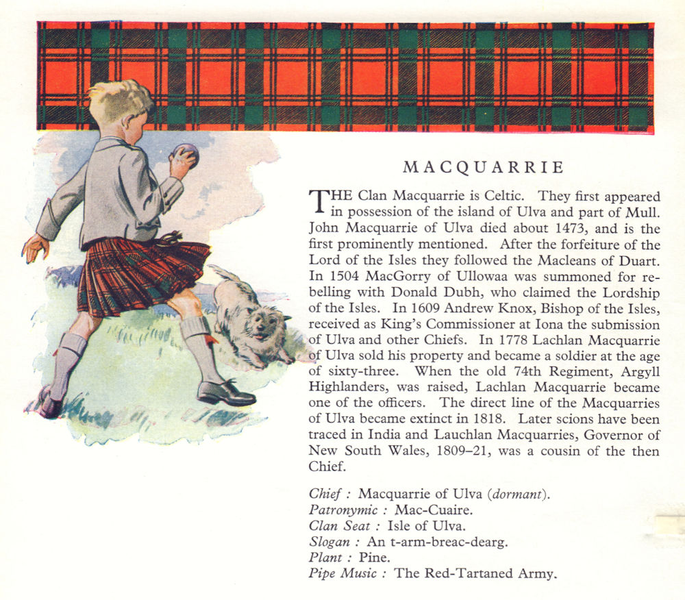 Macquarrie. Scotland Scottish clans tartans arms 1963 old vintage print