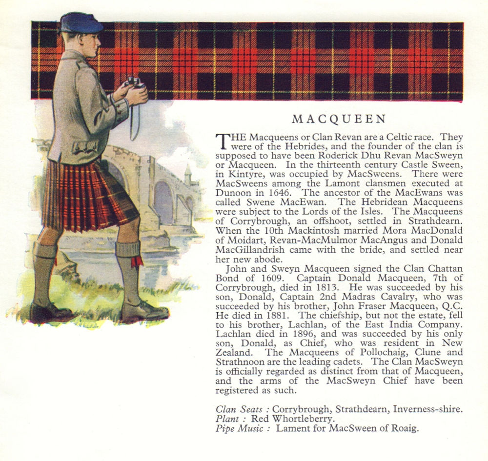 Macqueen. Scotland Scottish clans tartans arms badge 1963 old vintage print