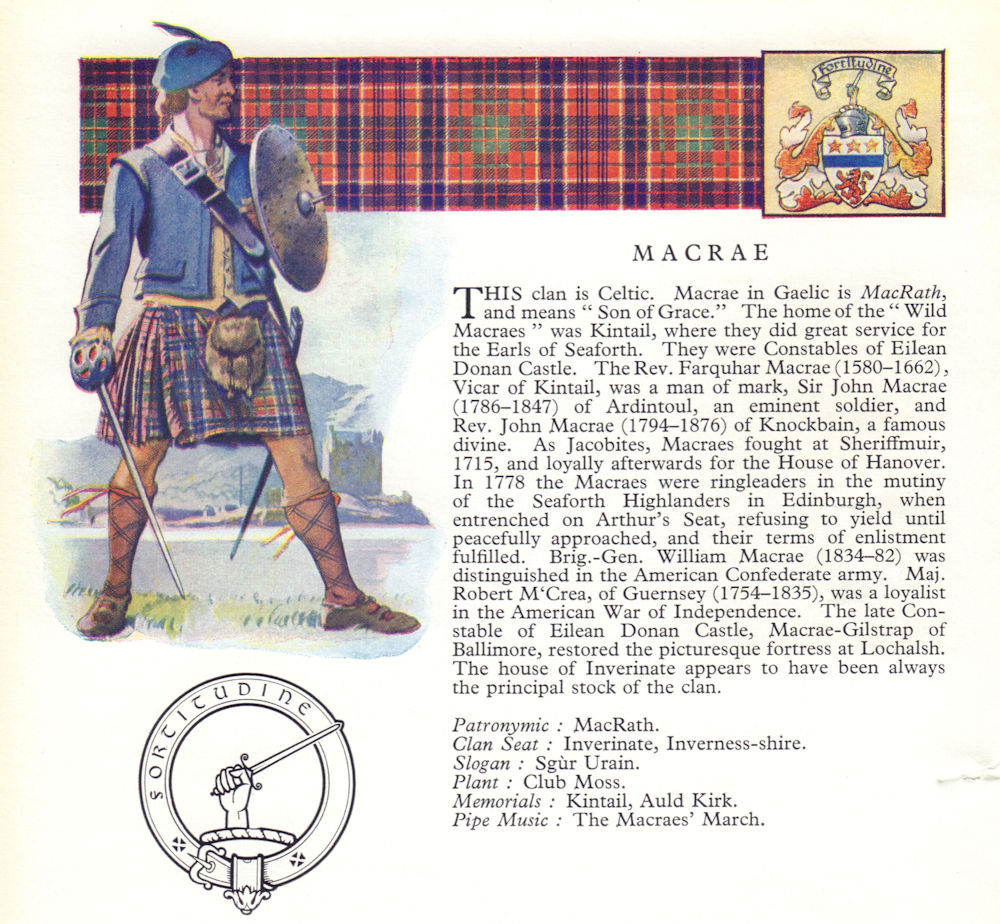 Macrae. Scotland Scottish clans tartans arms badge 1963 old vintage print