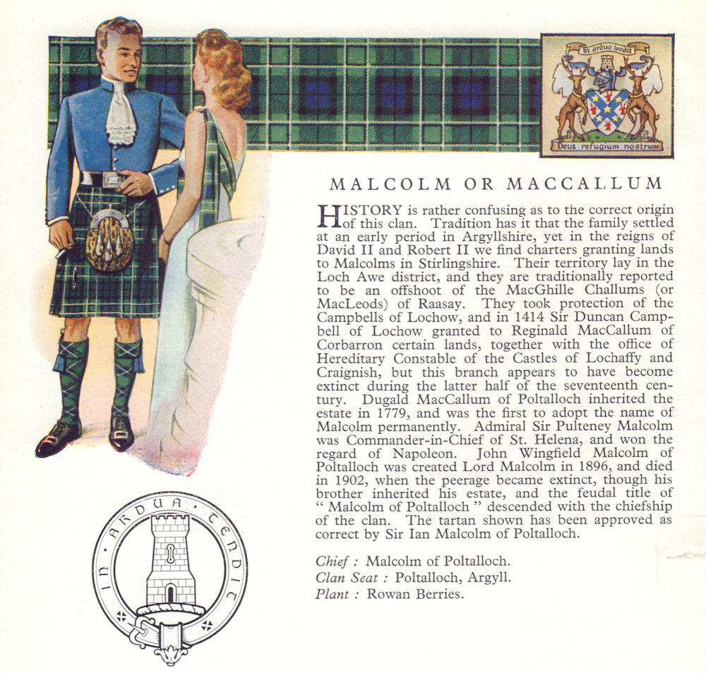 Malcolm or MacCallum. Scotland Scottish clans tartans arms badge 1963 print