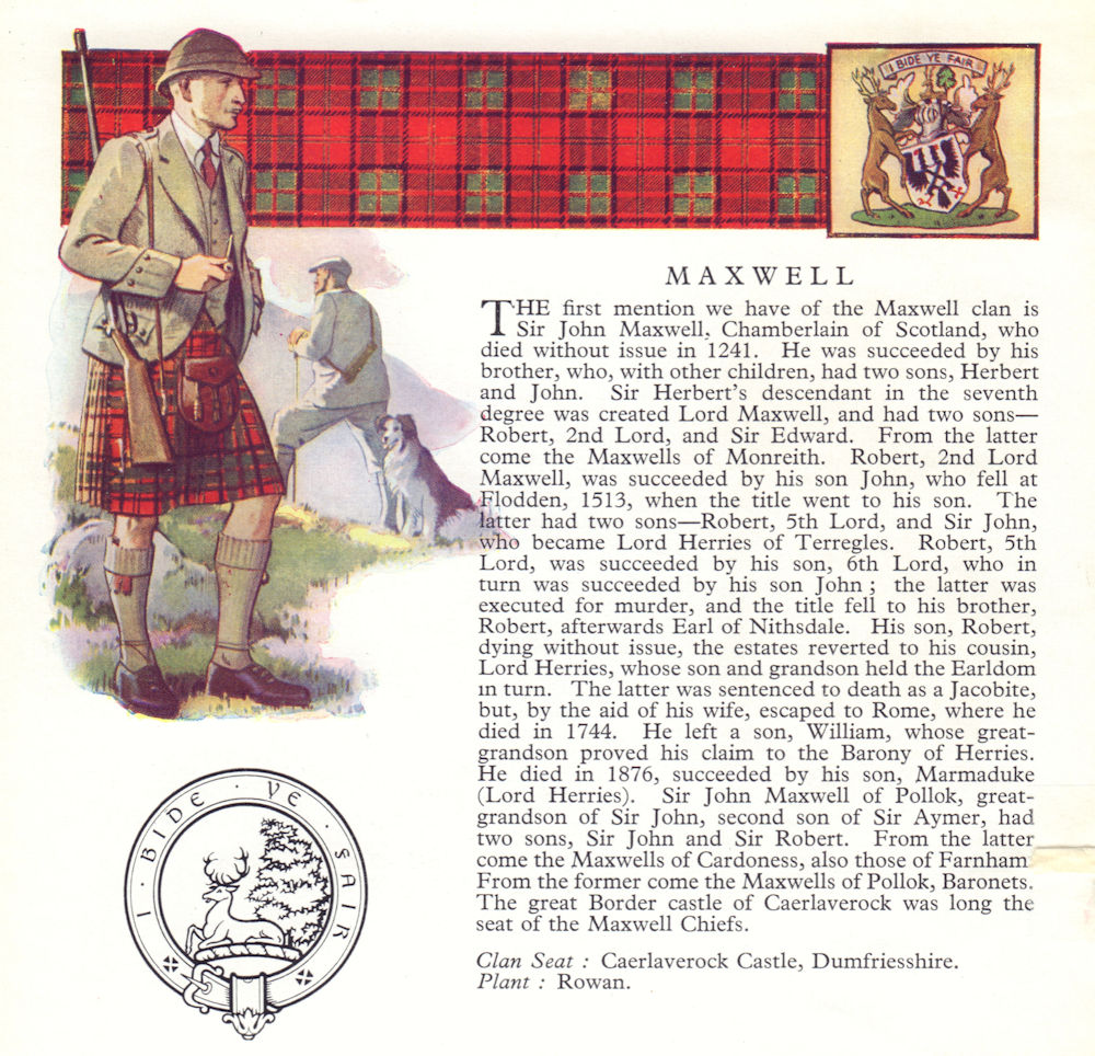Maxwell. Scotland Scottish clans tartans arms badge 1963 old vintage print