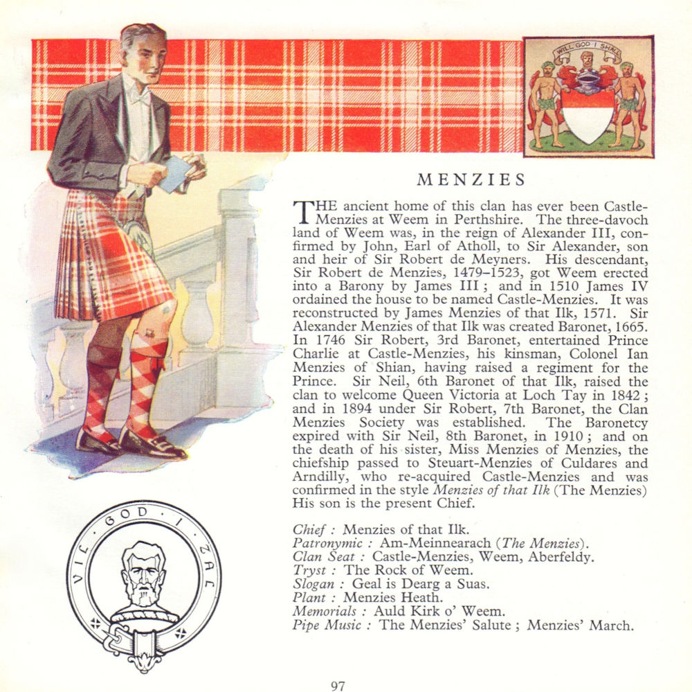 Menzies. Scotland Scottish clans tartans arms badge 1963 old vintage print