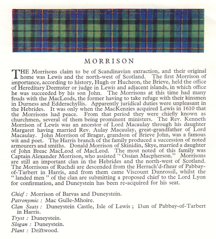 Morrison. Scotland Scottish clans tartans 1963 old vintage print picture