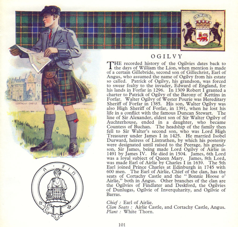 Ogilvy. Scotland Scottish clans tartans arms badge 1963 old vintage print