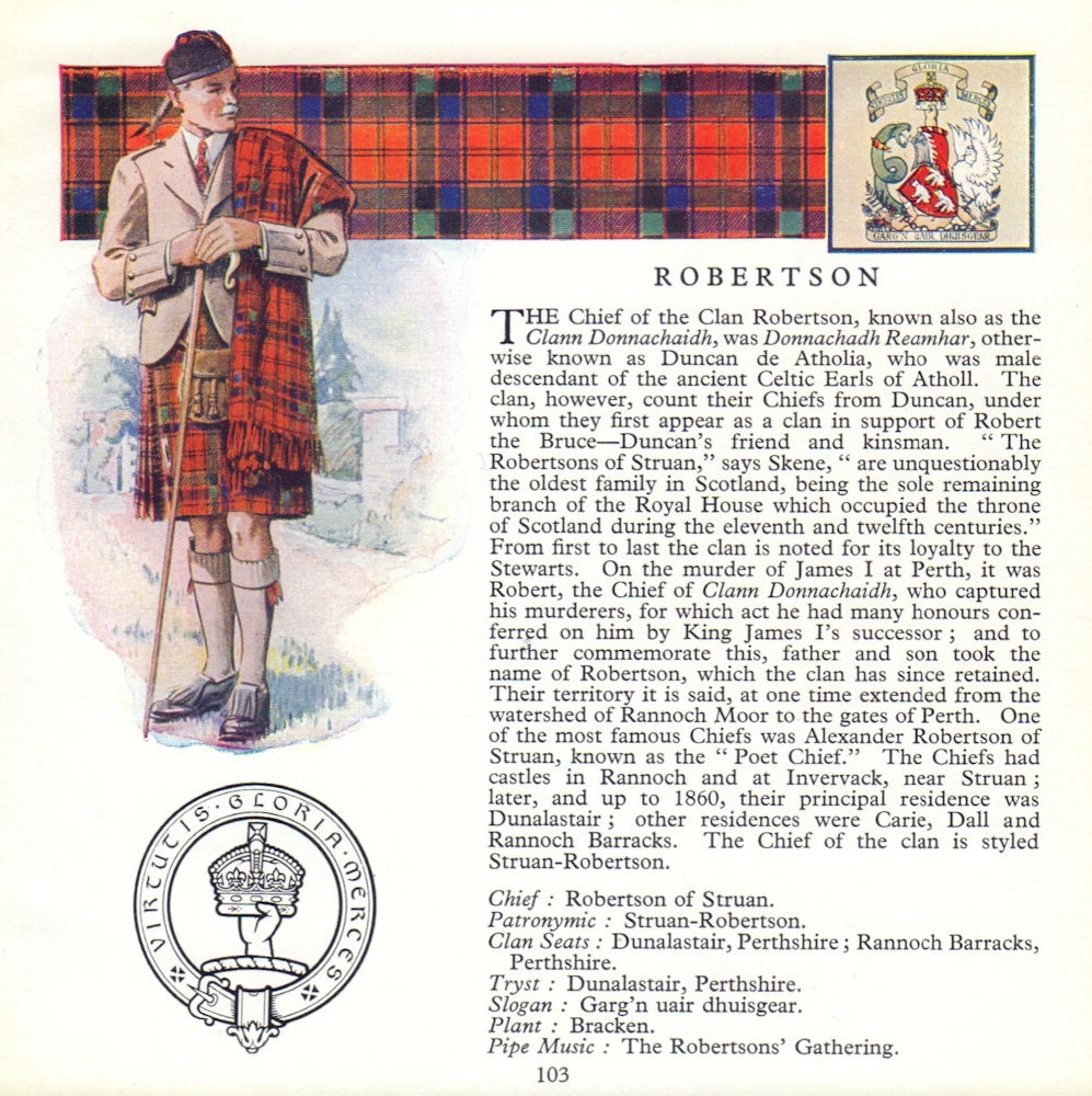 Robertson. Scotland Scottish clans tartans arms badge 1963 old vintage print