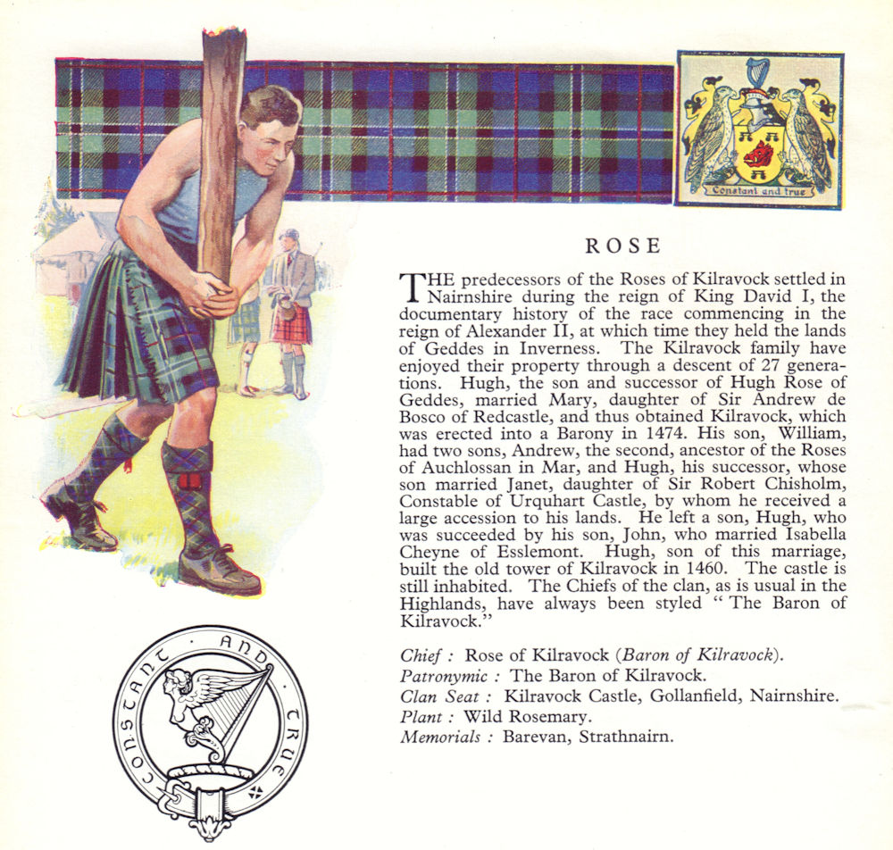 Rose. Scotland Scottish clans tartans arms badge 1963 old vintage print