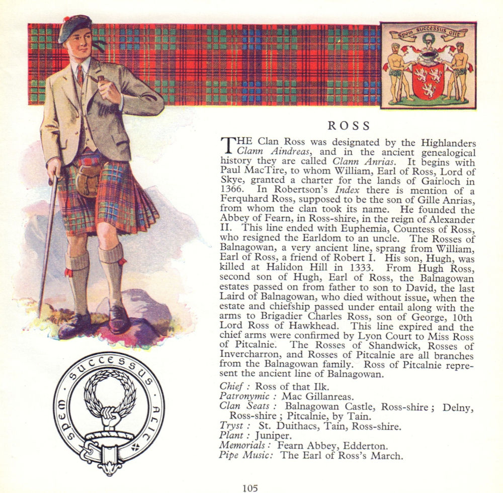 Associate Product Ross. Scotland Scottish clans tartans arms badge 1963 old vintage print
