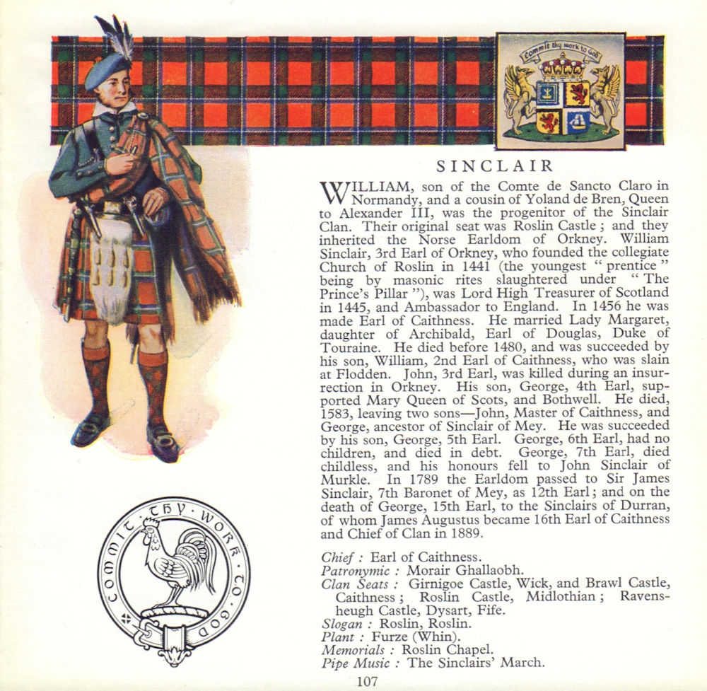 Associate Product Sinclair. Scotland Scottish clans tartans arms badge 1963 old vintage print