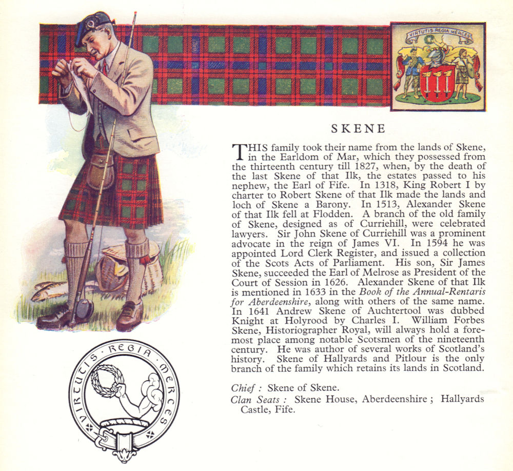 Skene. Scotland Scottish clans tartans arms badge 1963 old vintage print