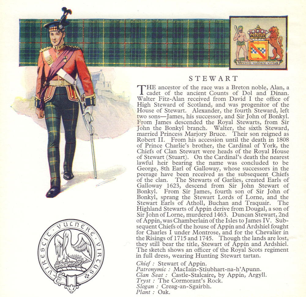 Stewart. Scotland Scottish clans tartans arms badge 1963 old vintage print