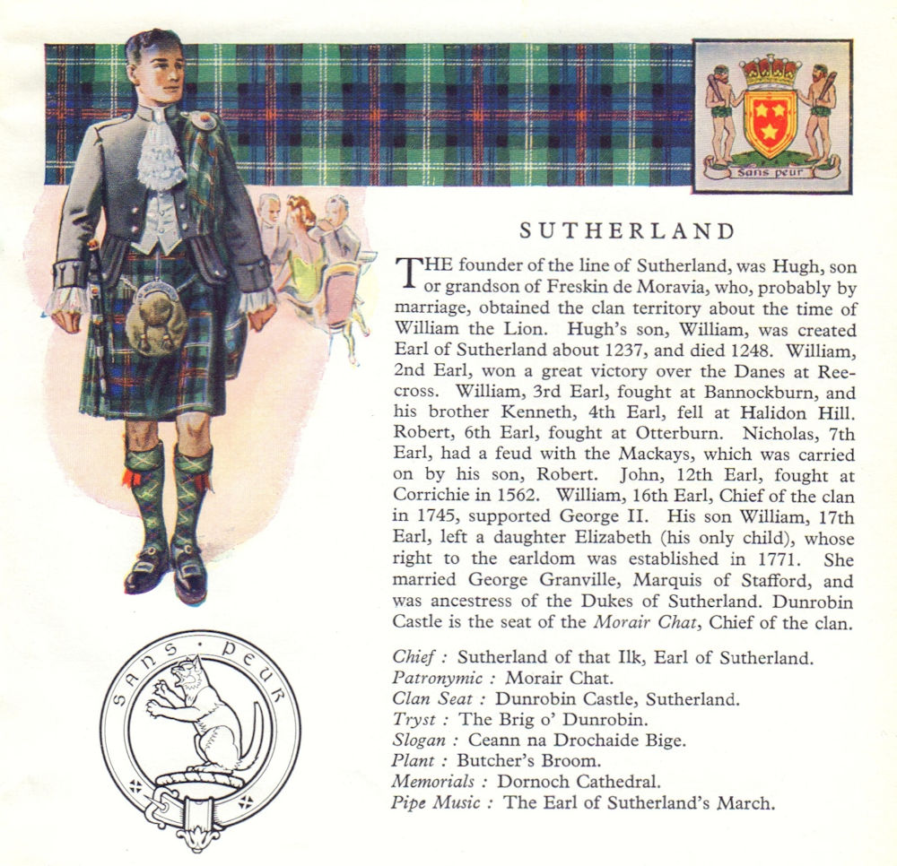 Sutherland. Scotland Scottish clans tartans arms badge 1963 old vintage print