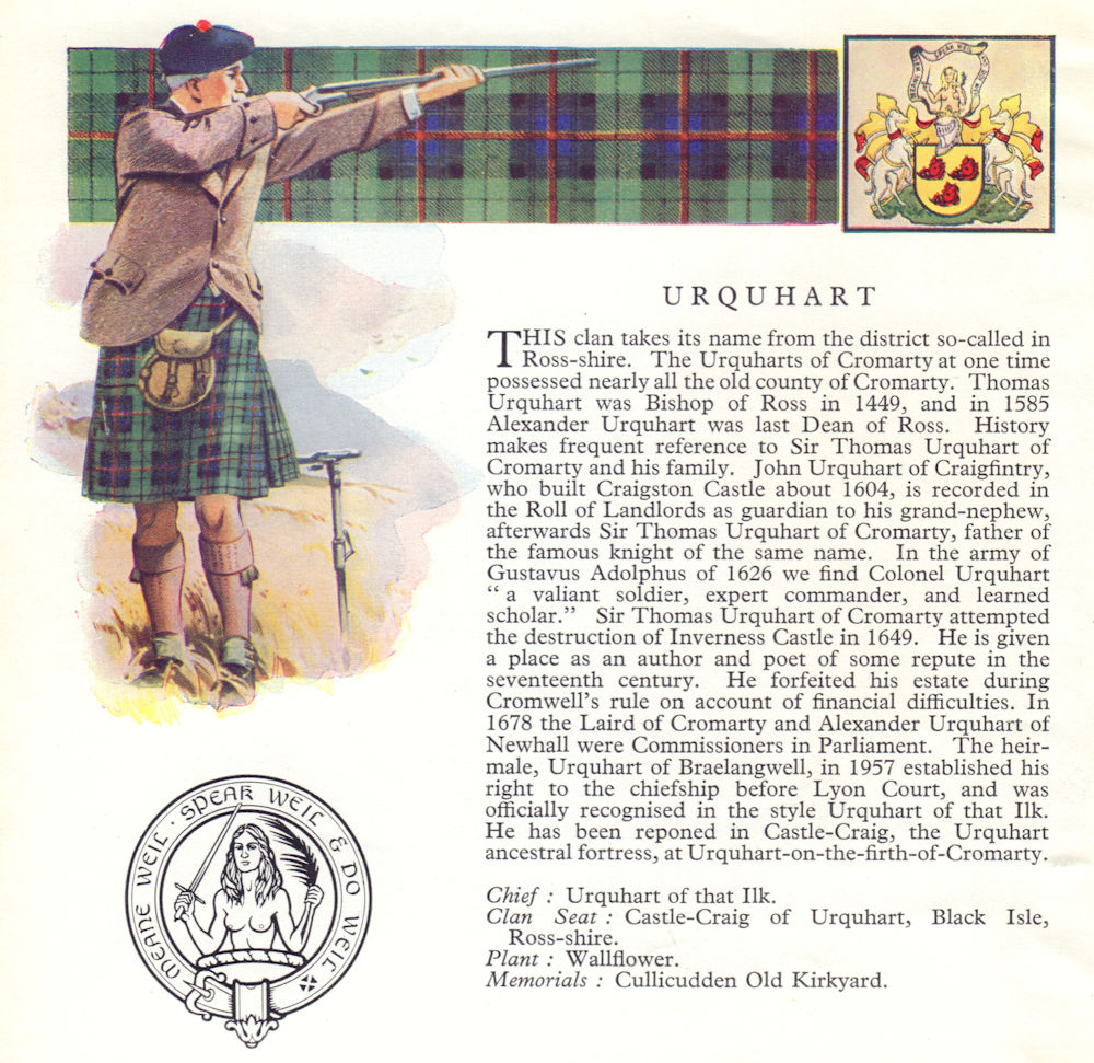 Urquhart. Scotland Scottish clans tartans arms badge 1963 old vintage print