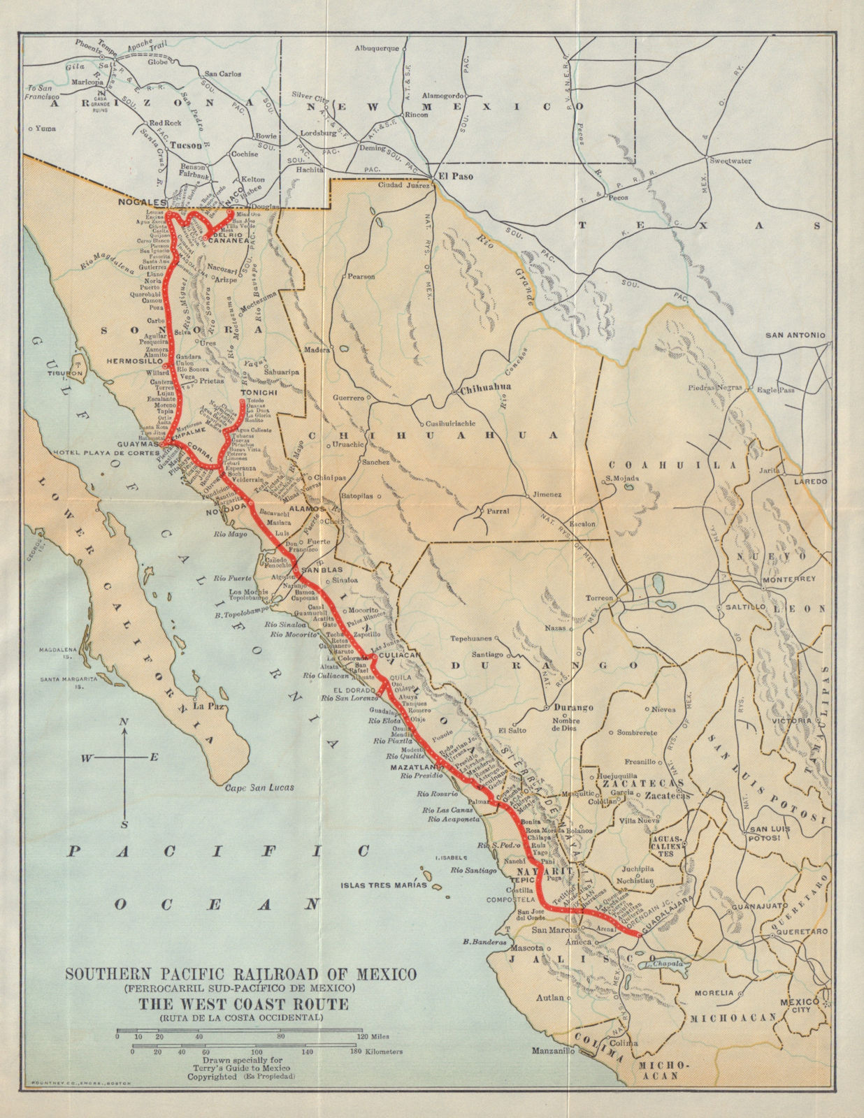 Southern Pacific Railroad / Ferrocarril Sud-Pacifico de Mexico 1938 old map