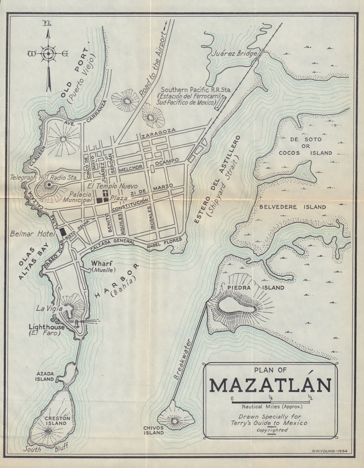 Plan of MAZATLAN, Mexico. Mapa de la ciudad. City/town plan 1938 old