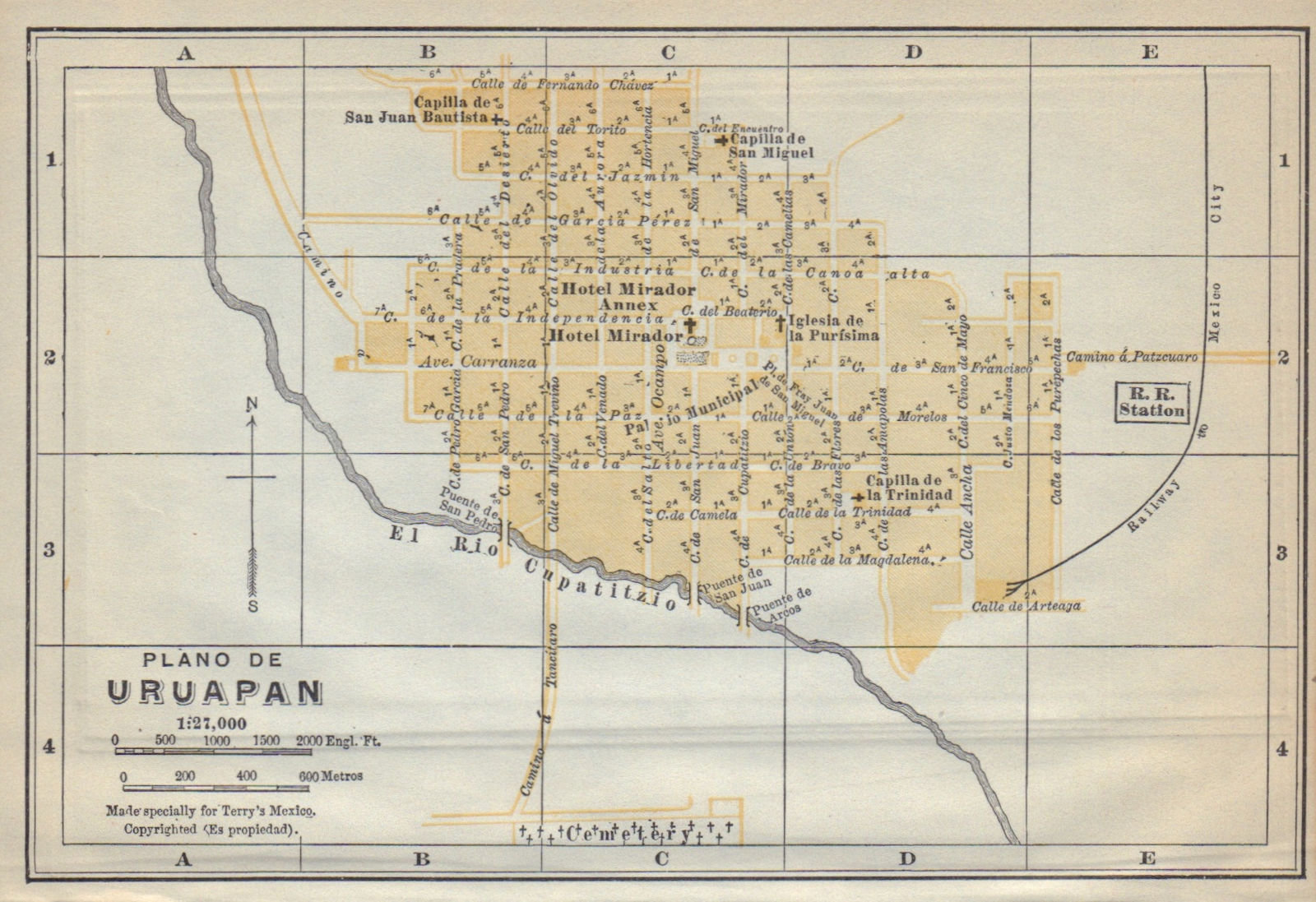 Plano de URUAPAN, Mexico. Mapa de la ciudad. City/town plan 1938 old