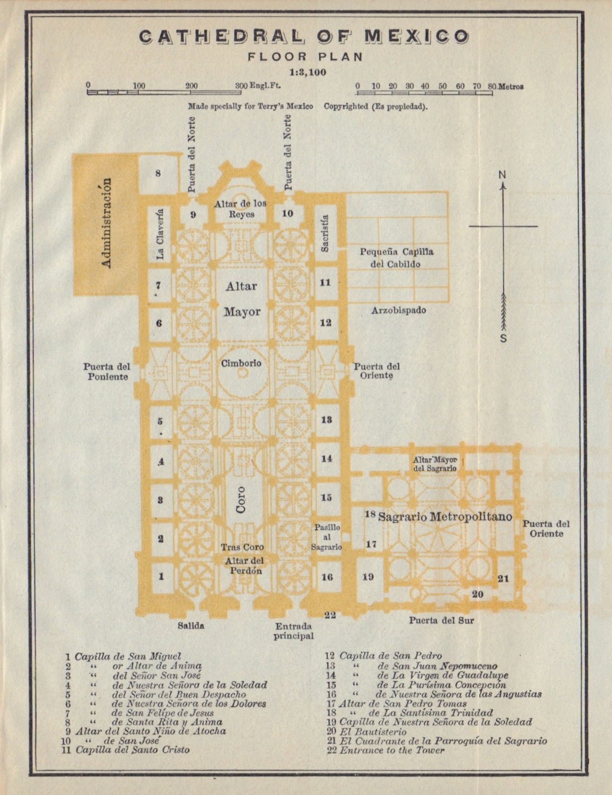 Cathedral of Mexico floor plan, Mexico 1938 old vintage map chart