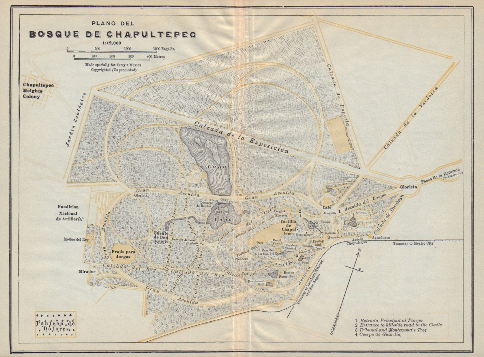 Plano del Bosque de CHAPULTEPEC, Mexico City 1938 old vintage map chart