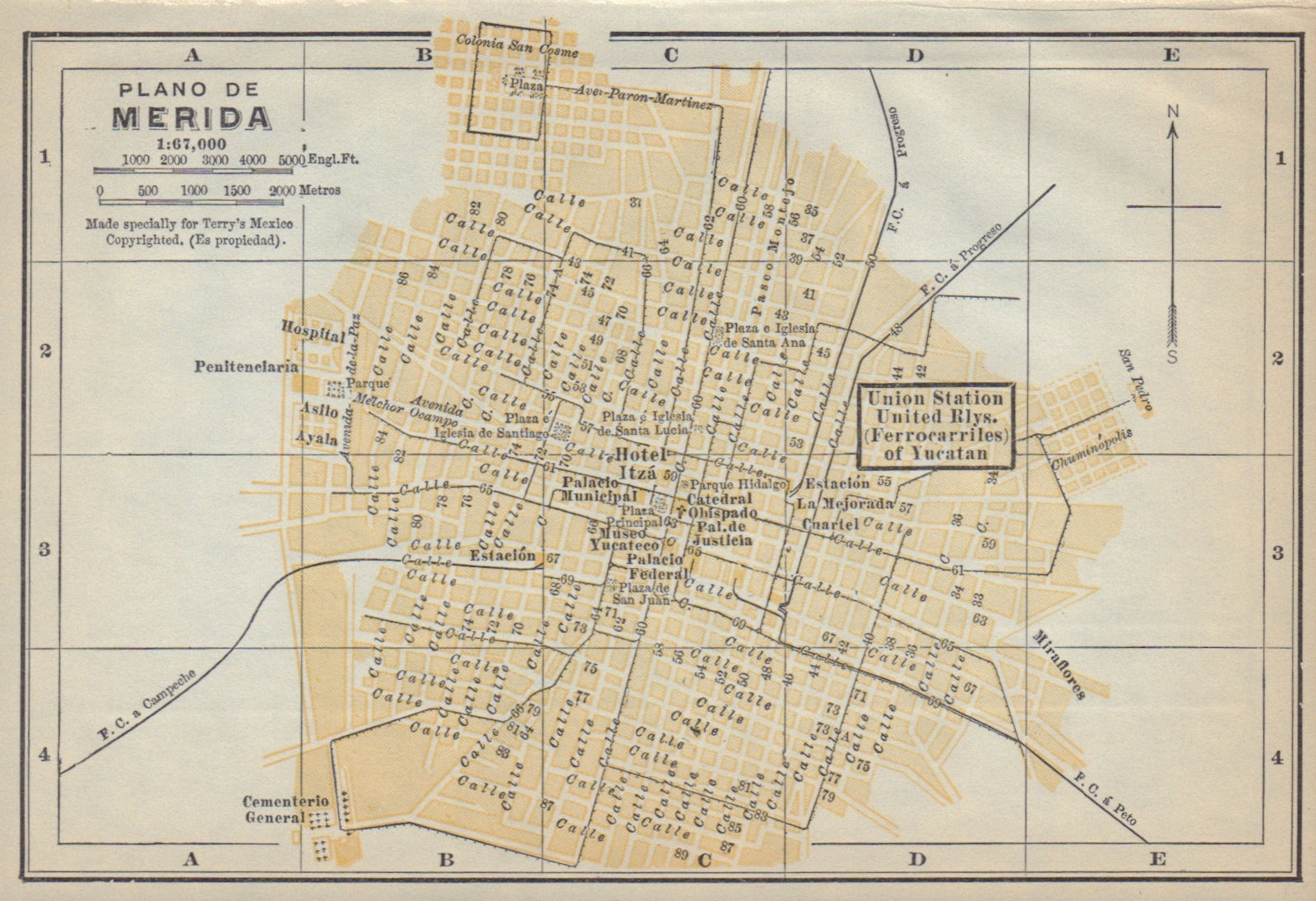 Plano de MERIDA, Mexico. Mapa de la ciudad. City/town plan 1938 old