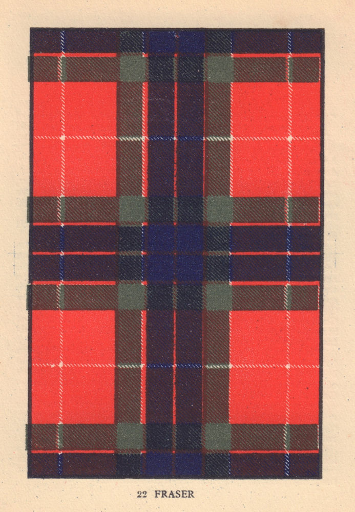 Fraser. Scottish Clan Tartan. SMALL 8x11.5cm 1937 old vintage print picture