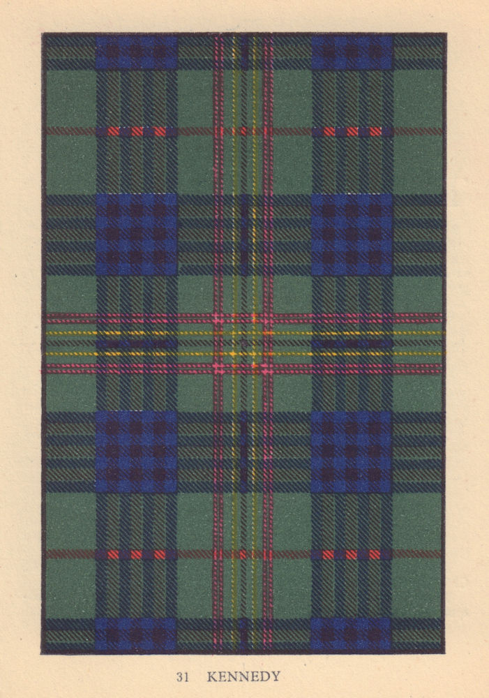 Kennedy. Scottish Clan Tartan. SMALL 8x11.5cm 1937 old vintage print picture