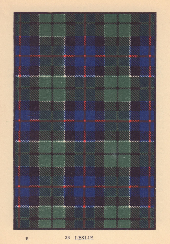 Leslie. Scottish Clan Tartan. SMALL 8x11.5cm 1937 old vintage print picture