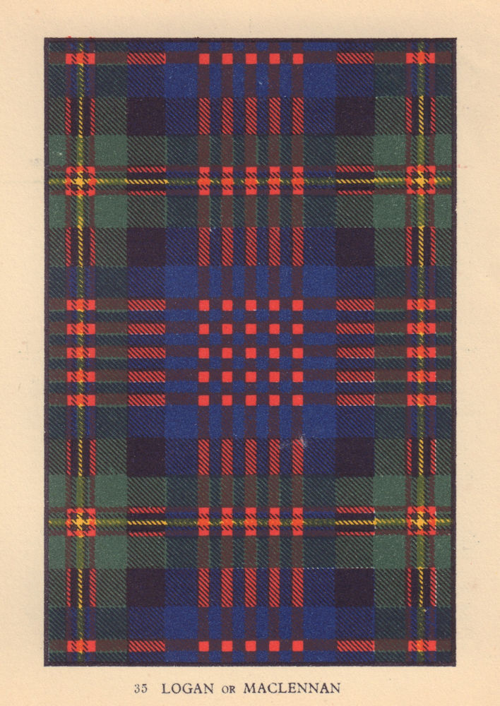 Logan or Maclennan. Scottish Clan Tartan. SMALL 8x11.5cm 1937 old print