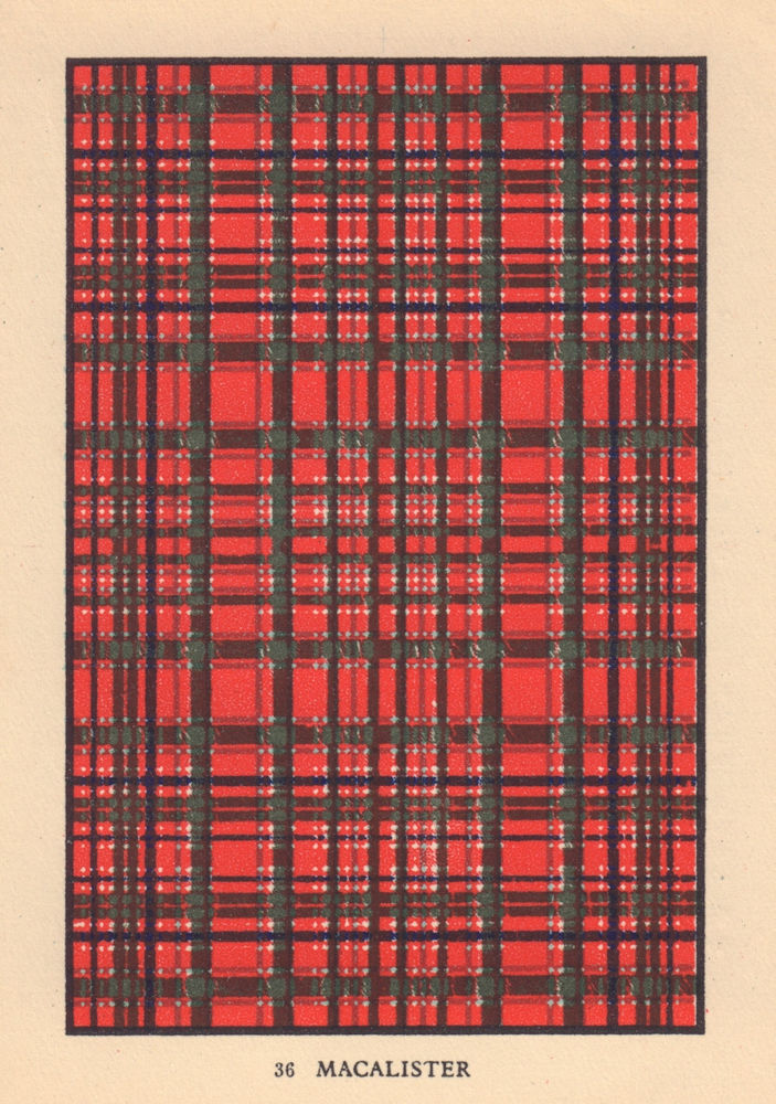 MacAlister. Scottish Clan Tartan. SMALL 8x11.5cm 1937 old vintage print